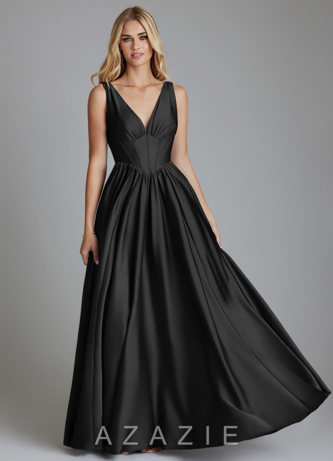 Azazie Delmie Black A-Line Corset Stretch Satin Dress