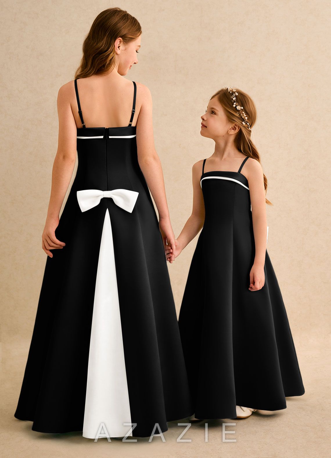 Azazie Izel Girls Formal Ivory Black A-Line Pleated Matte Satin Dress