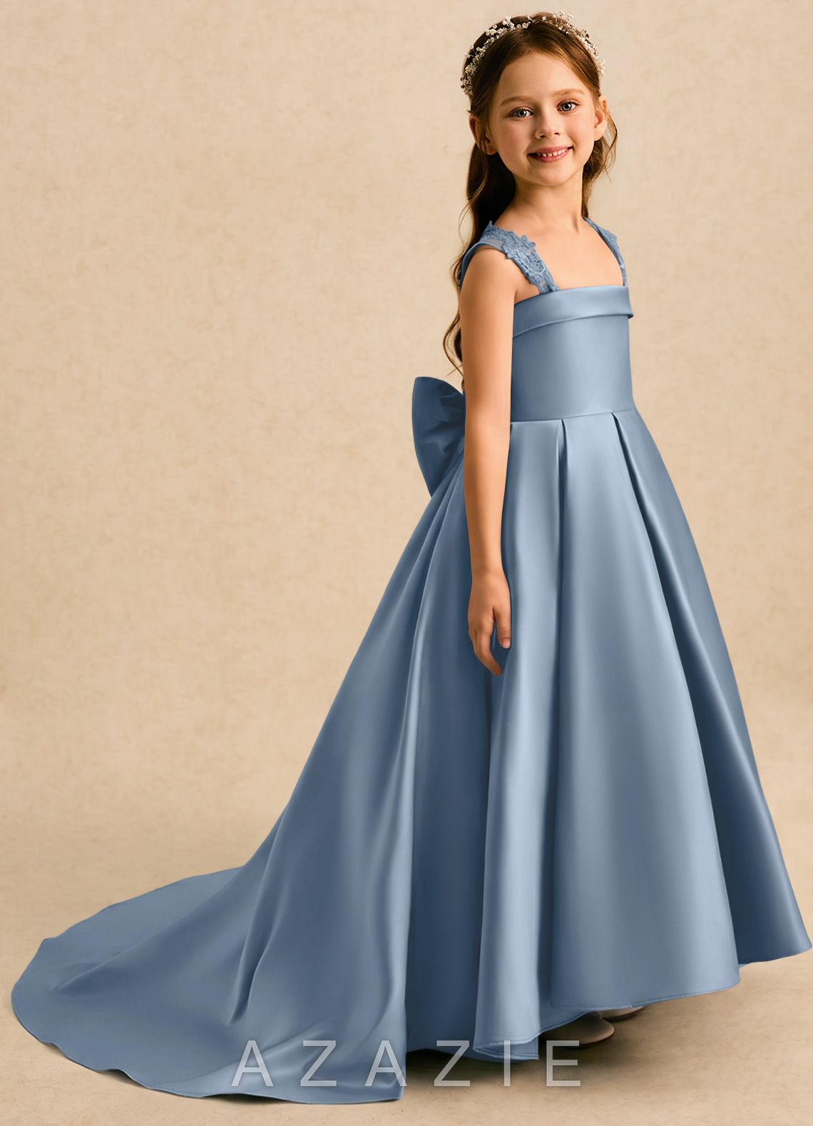 Azazie Genie Dusty Blue Ball-Gown Off the Shoulder Matte Satin Dress