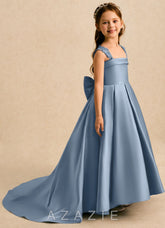 Azazie Genie Dusty Blue Ball-Gown Off the Shoulder Matte Satin Dress