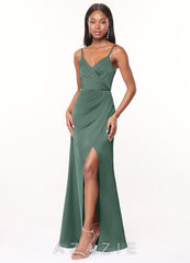 Azazie Maci Eucalyptus A-Line V-Neck Pleated Stretch Satin Dress eucalyptus