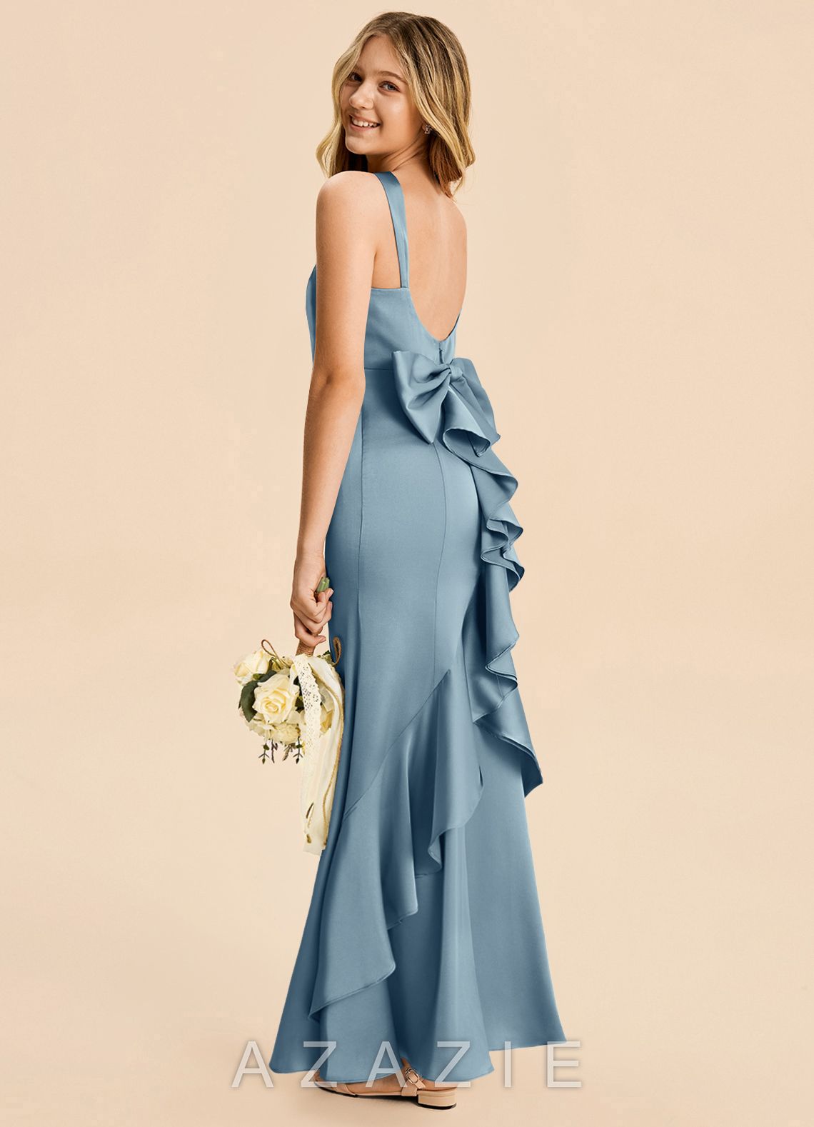 Azazie Ayah Junior Dusty Blue Mermaid High Neck Stretch Satin Dress