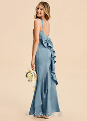 Azazie Ayah Junior Dusty Blue Mermaid High Neck Stretch Satin Dress