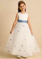 Azazie Cricket Ivory Dusty Blue Ball-Gown Pleated Matte Satin Dress