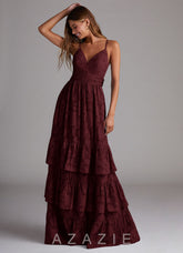 Azazie Nathalia Cabernet A-Line Bow Floral Burnout Dress