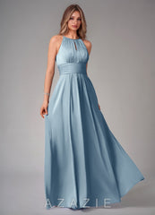 Azazie Bonnie Dusty Blue A-Line Pleated Stretch Satin Dress