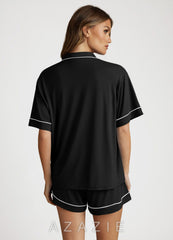 Bamboo Fiber Contrast Piping Pajama Set black