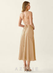 Heloise Champagne Satin Lace Up Back Summer Midi Dress