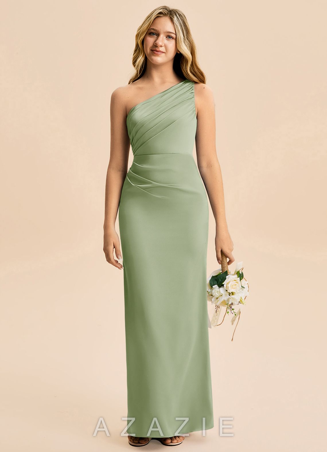 Azazie Akilah Junior Dusty Sage Sheath Pleated Stretch Satin Dress