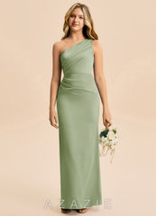 Azazie Akilah Junior Dusty Sage Sheath Pleated Stretch Satin Dress