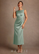Azazie Mazhe Agave A-Line Pleated Stretch Satin Dress