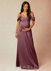 Azazie Rhea Stretch Satin Dress A-Line Off-The-Shouler Pleated Stretch Satin Floor-Length Dress