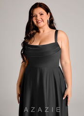 Azazie Shaude Black A-Line Pleated Stretch Satin Dress black