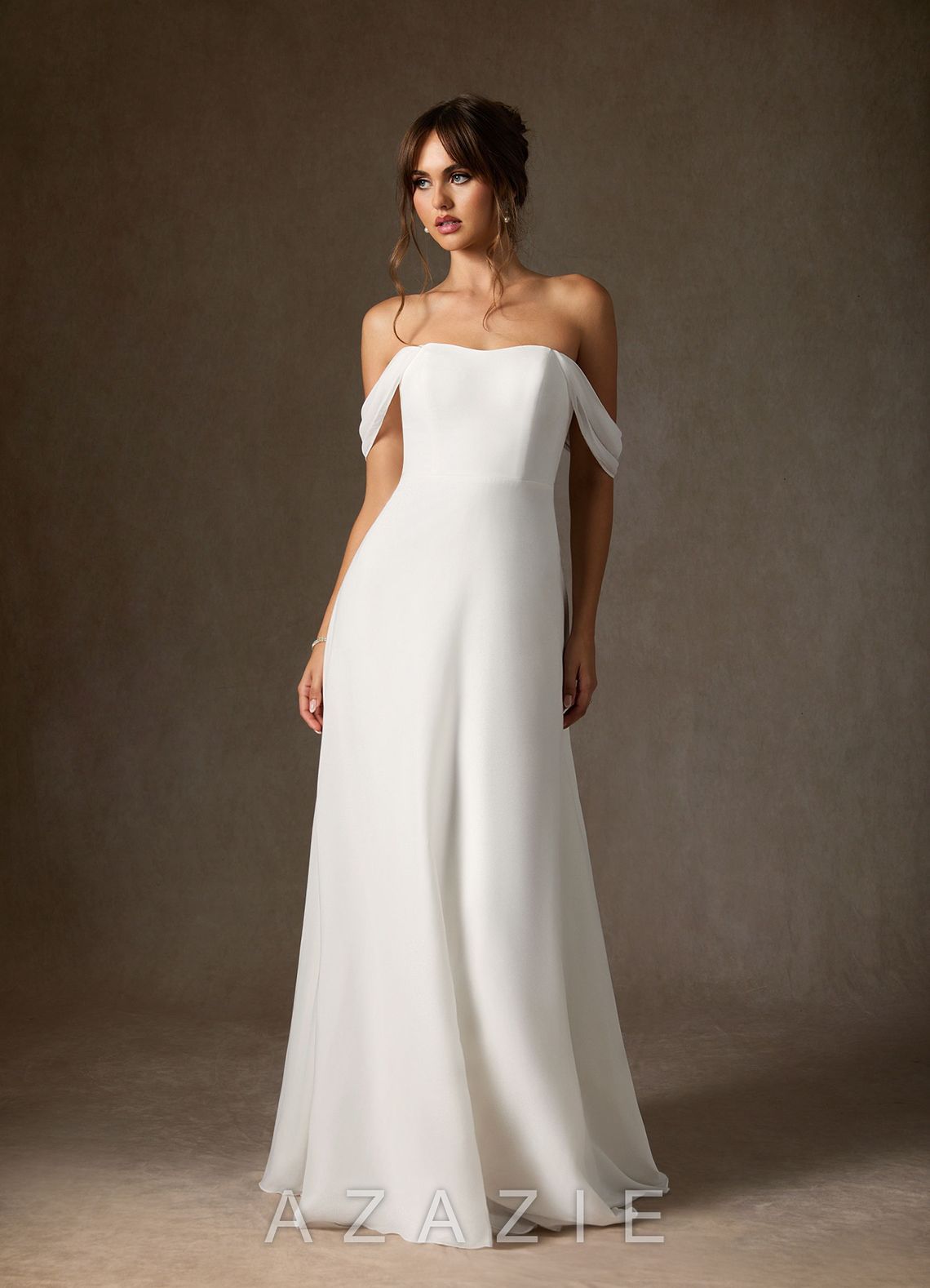 Azazie Ava Wedding Dress Diamond White A-Line Off the Shoulder Stretch Chiffon Dress