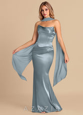 Azazie Sorrel Dusty Blue Mermaid Corset Metallic Satin Convertible Dress