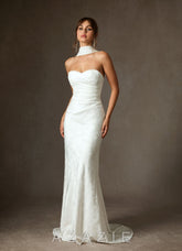 Azazie Keala Diamond White Sheath Strapless Floral Jacquard Dress
