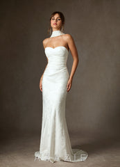 Azazie Keala Diamond White Sheath Strapless Floral Jacquard Dress