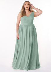 Azazie Keyla Agave A-Line V-Neck Pleated Chiffon Dress agave