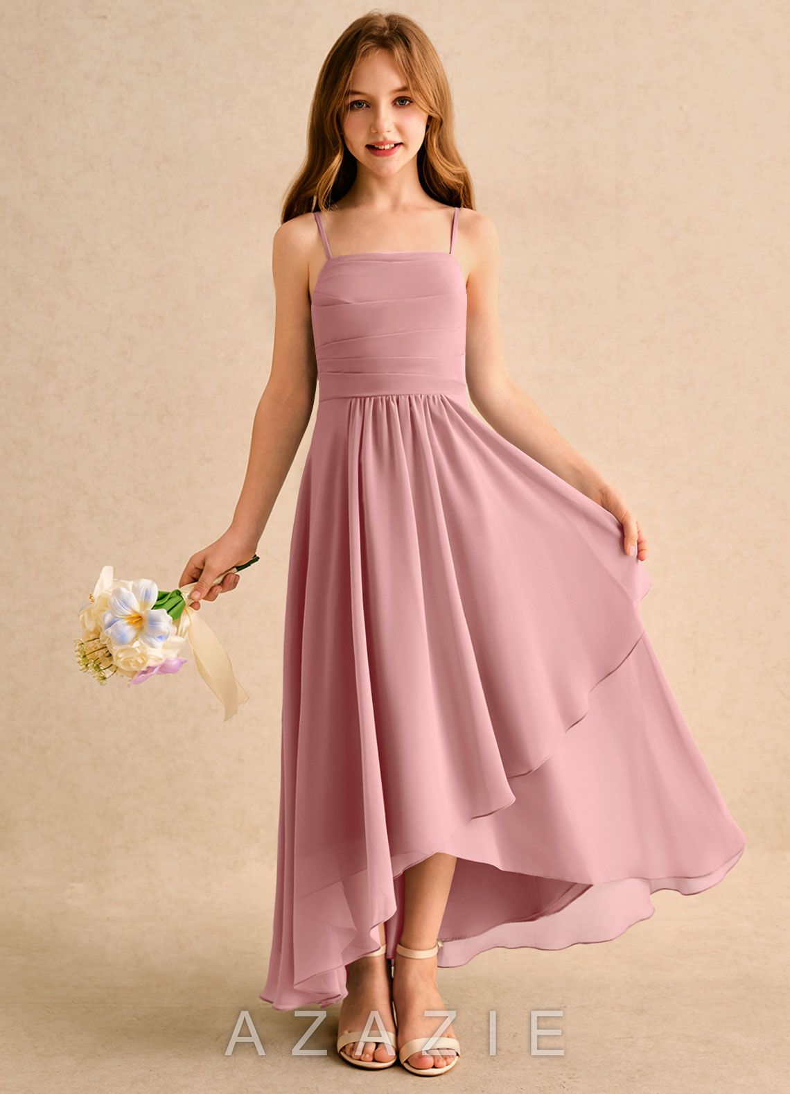 Azazie Twilight Dance Girls Formal Dusty Rose A-Line Pleated Chiffon Dress