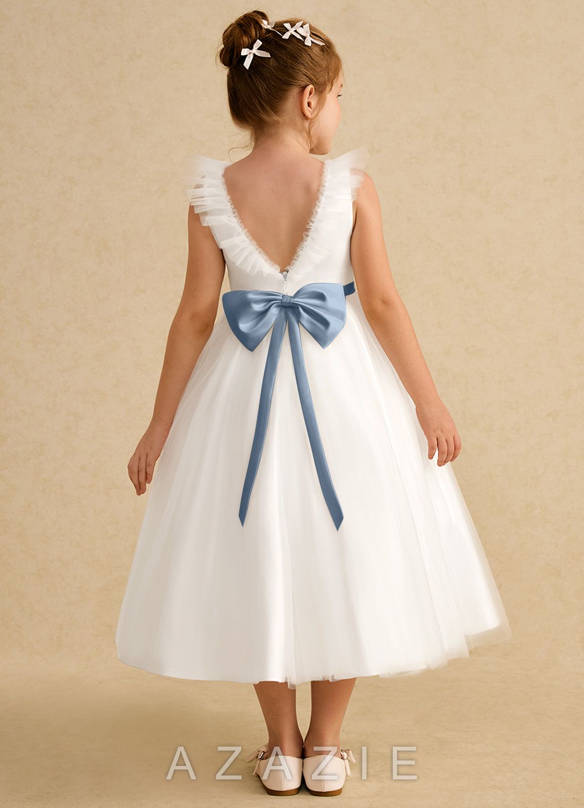 Azazie Amber Ivory Dusty Blue A-Line Bow Tulle Dress