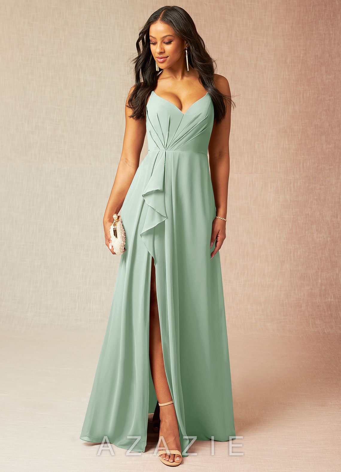 Azazie Kyedae Agave A-Line V-Neck Pleated Chiffon Dress