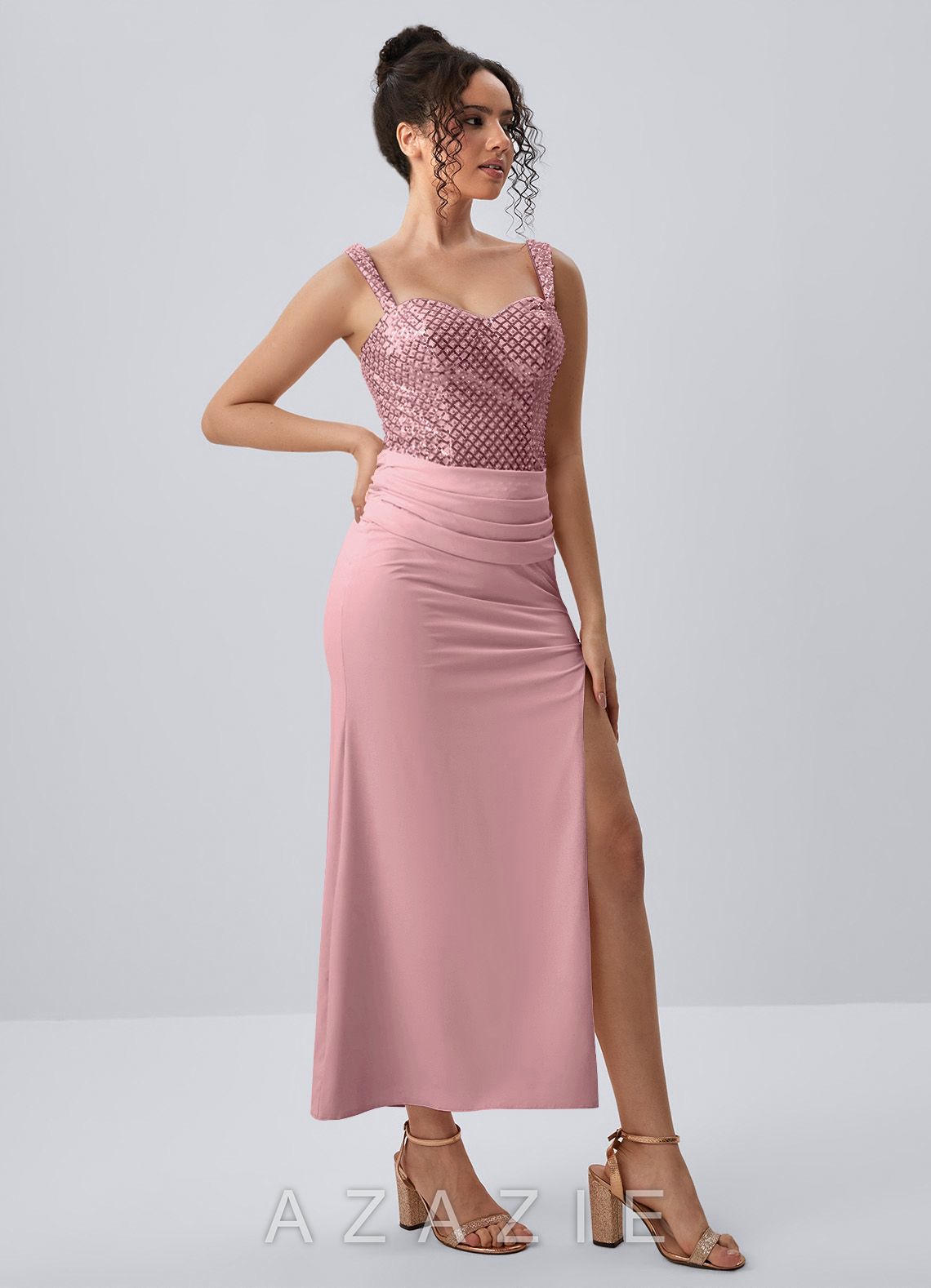 Ainrose Dusty Pink Beading Sequin Embroidery Midi Dress