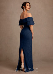 Azazie Golda Dark Navy Sheath Off the Shoulder Floral Burnout Dress dark_navy