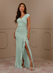 Azazie Roya Agave Mermaid V-Neck Pleated Mesh Dress