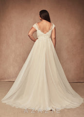 Azazie Bellisima Wedding Dress Diamond White Champagne A-Line V-Neck Tulle Dress diamond_white/champagne