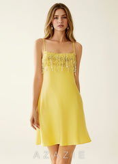 SeJone Light Yellow Sequin Embroidery Satin Mini Dress