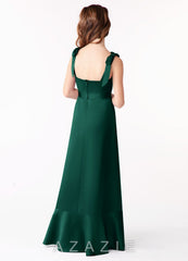 Azazie Barbara Junior Emerald A-Line Bow Stretch Satin Dress emerald
