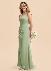 Azazie Eren Junior Dusty Sage Sheath Pleated Stretch Satin Dress