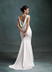 Azazie Oaklynn Diamond White Mermaid Boatneck Crepe Back Satin Dress diamond_white