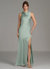 Azazie Kiara Agave Mermaid Pleated Stretch Satin Dress agave