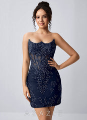 Yafrein Navy Rhinestone Sequins Tulle Placement Print Corset Mini Dress