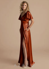 Azazie Kimber Auburn A-Line Ruched Metallic Satin Dress auburn