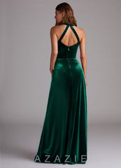 Azazie Larice Emerald A-Line High Neck Velvet Dress emerald