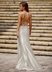 Luminous White Spaghetti Straps Stretch Satin Open Back Prom Dress