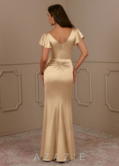 Azazie Roya Champagne Mermaid V-Neck Pleated Stretch Satin Dress champagne