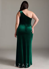 Azazie Argan Emerald Mermaid One Shoulder Pleated Velvet Dress emerald