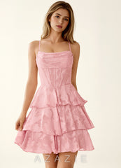 Rietta Coral Pink Jacquard Ruffles Corset Mini Dress