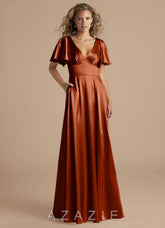 Azazie Kimber Auburn A-Line Ruched Metallic Satin Dress