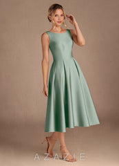 Azazie Fulton Agave A-Line Pleated Stretch Satin Dress agave