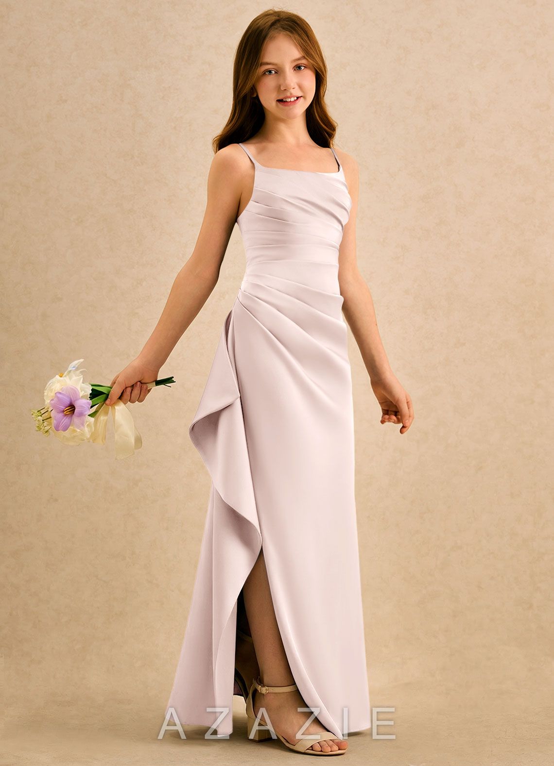 Azazie Cannoli Girls Formal Blushing Pink A-Line Pleated Stretch Satin Dress