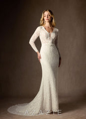 Azazie Indie Wedding Dress Cream Sheath V-Neck Tulle Dress