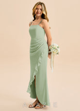 Azazie Buzzy Junior Dusty Sage Sheath Pleated Chiffon Dress