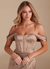 Azazie Asha Taupe Sheath Off the Shoulder Metallic Satin Dress taupe