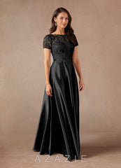 Azazie Adina Black A-Line Lace Metallic Satin Dress black