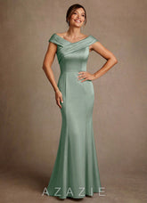 Azazie Aberdeen Agave Sheath Pleated Stretch Satin Dress