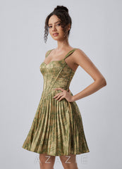 Jade Green Brown Spaghetti Strap Floral Pleated Lace-Up Mini Dress